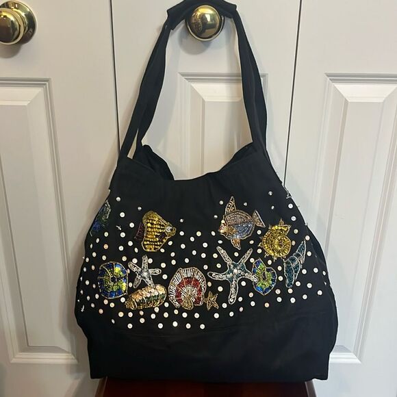 Magid Handmade Beaded Embellished Coastal Fish Tropical Black Tote Shoulder Bag - Picture 9 of 12